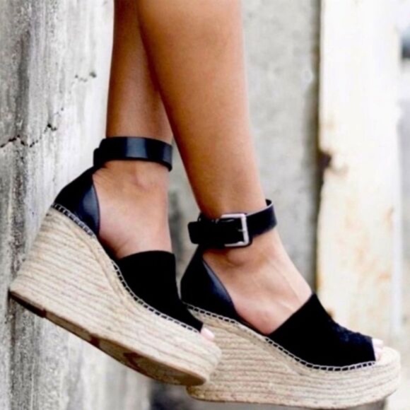 Marc Fisher Adalyn Espadrille Wedge Sandal in Black Suede and Leather - Picture 1 of 13